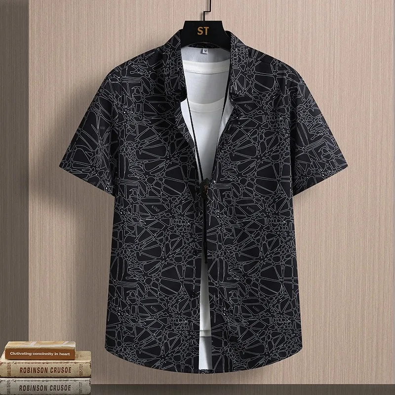 2024 Zomerprint Elastische Herenoverhemden Korte Mouwen Trend Casual Veelzijdig Los Shirt Social Streetwear Herenkleding