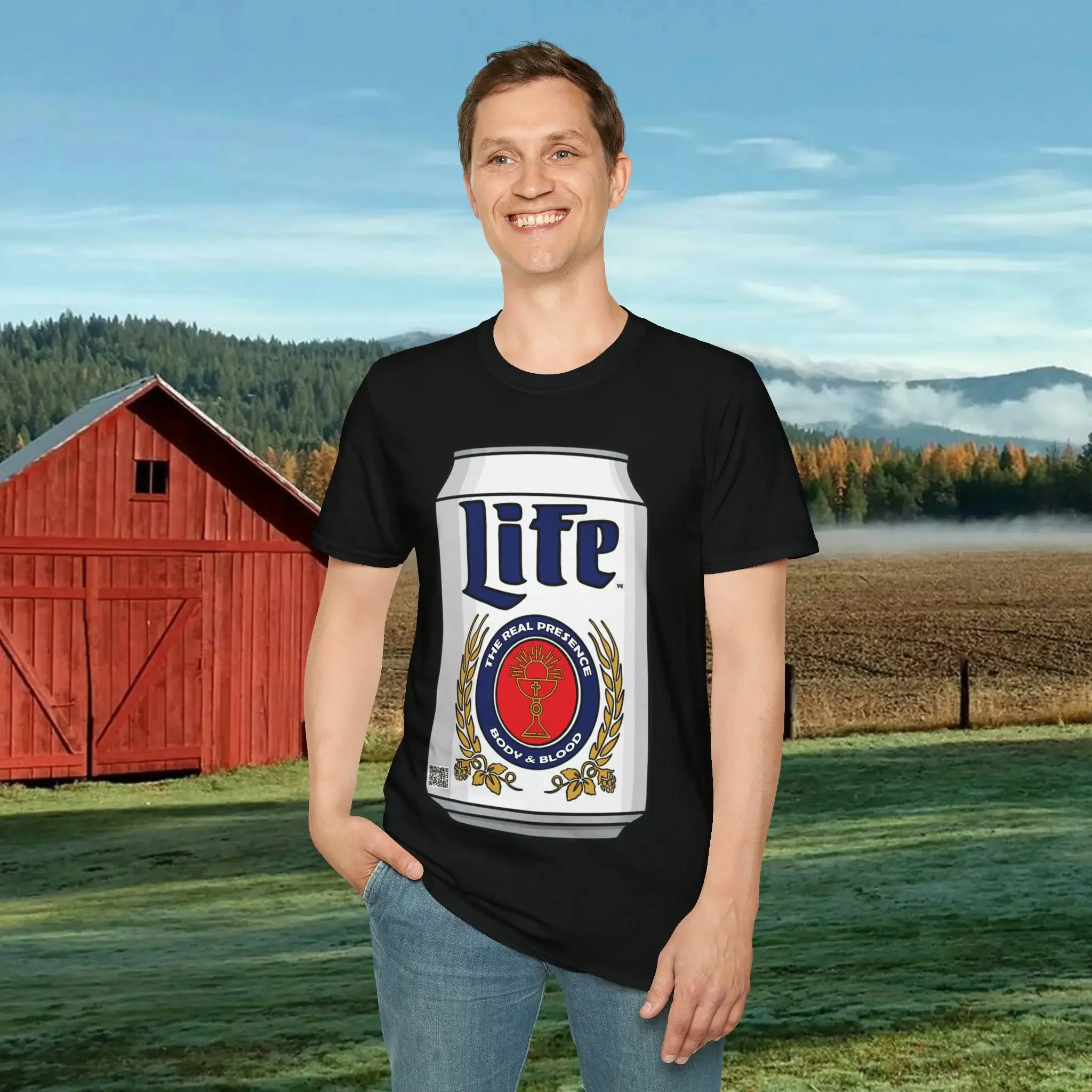 Life The Real Presence Body Blood SR Traditional Catholic Christian Religious Beer T Shirt