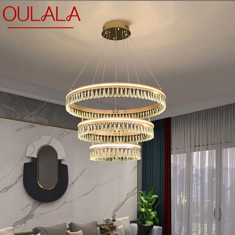 

OULALA Hanging Crystal Pendant Light Modern Vintage LED Luxury Ring Chandelier Home Decor For Living Room Villa Duplex