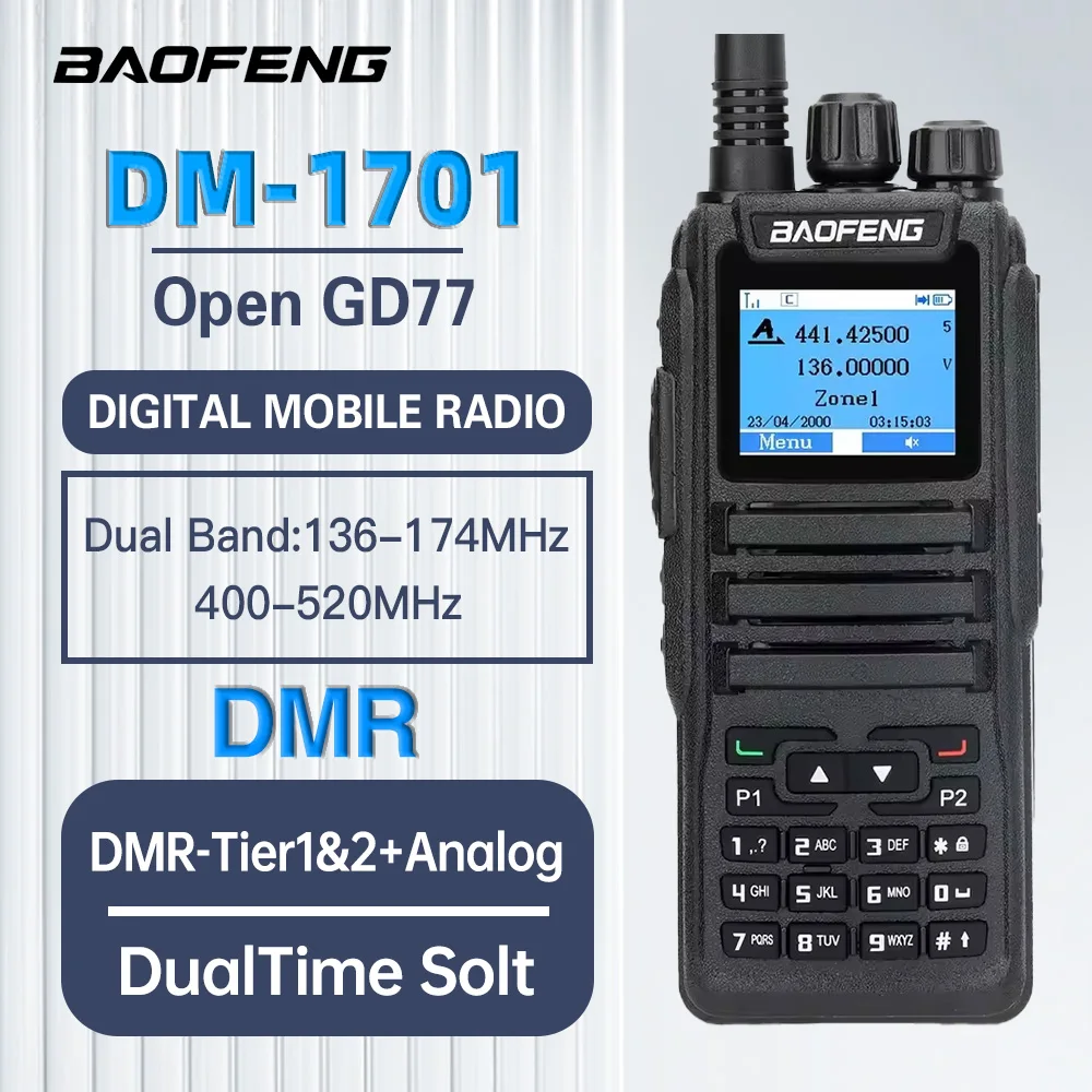 

1 шт. цифровая рация Baofeng DMR-1701, двухрежимная аналогово-цифровая, двухсторонняя связь, Open GD77 Adios, Tier 1&2, с двумя временными слотами, DM1701, для любительской связи