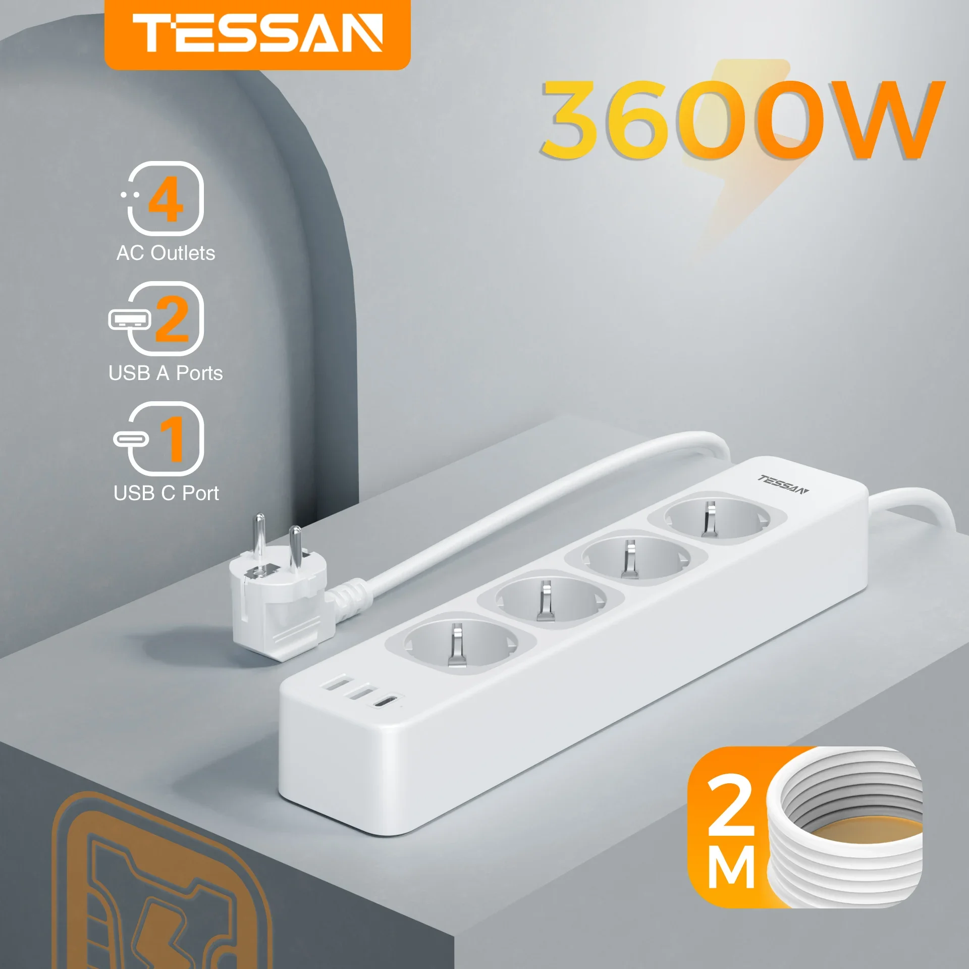 TESSAN 7 in 1 Power Strip 2M Extension Cable with 4 AC Outlets and 3 USB Ports 3600W Multiple Socket Outlet with Switch for Home