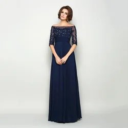 Vestido de gasa azul marino para madre de la novia, Apliques de encaje con cuentas, cuello de barco, hombros descubiertos, largo hasta el suelo, fiesta de graduación
