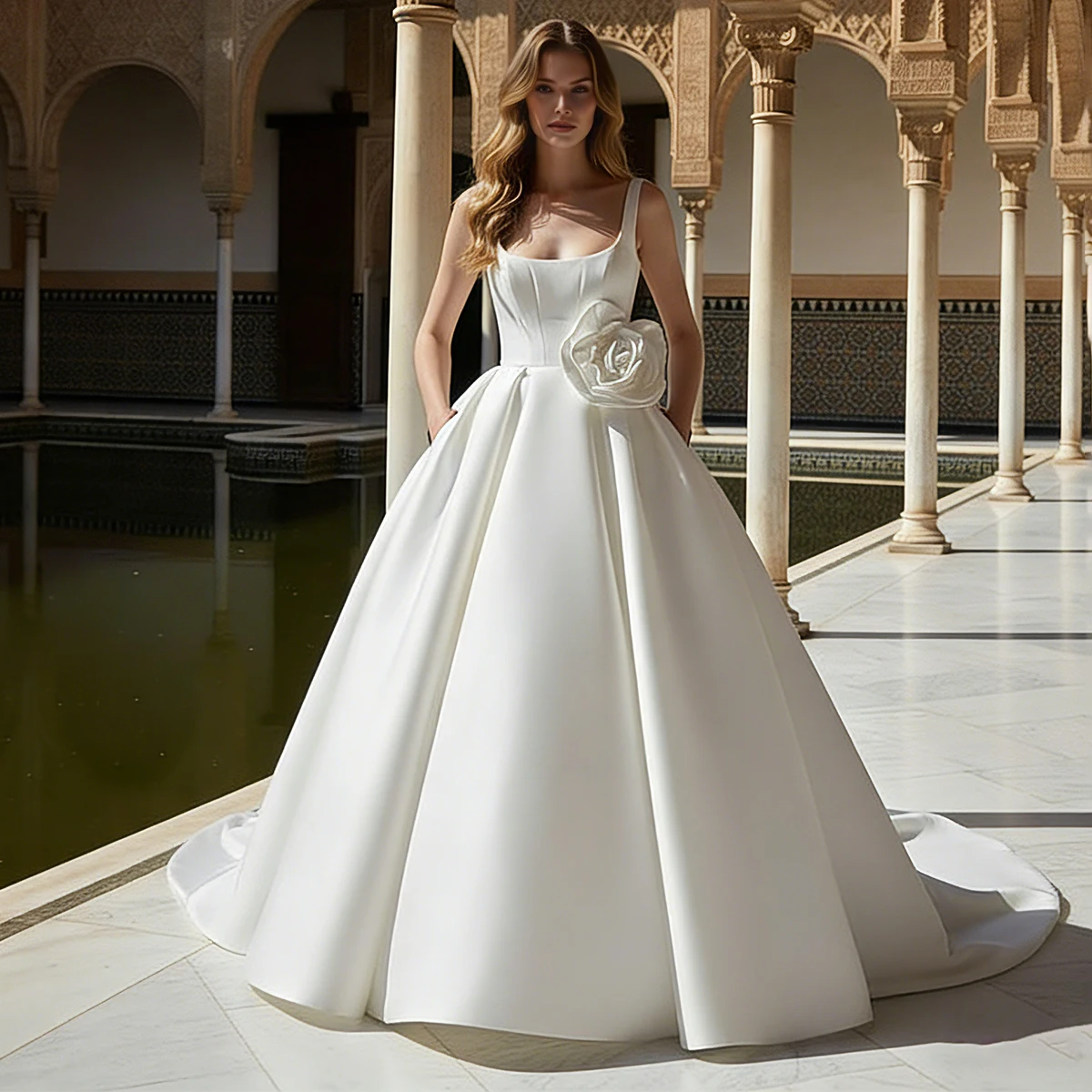 

Elegant Satin Flower Wedding Dress For Women Long Bridal Party Gown Square Collar Ball Gown With Train Vestidos Novia