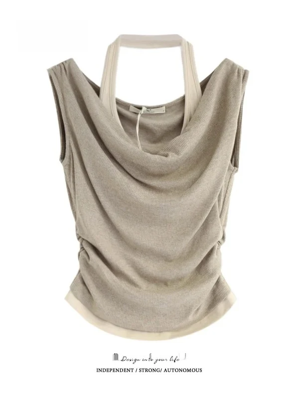 

Летний новый американский ретро-топ для женщин: модный плиссированный топ без рукавов с воротником-хомутом и эффектом двухслойности