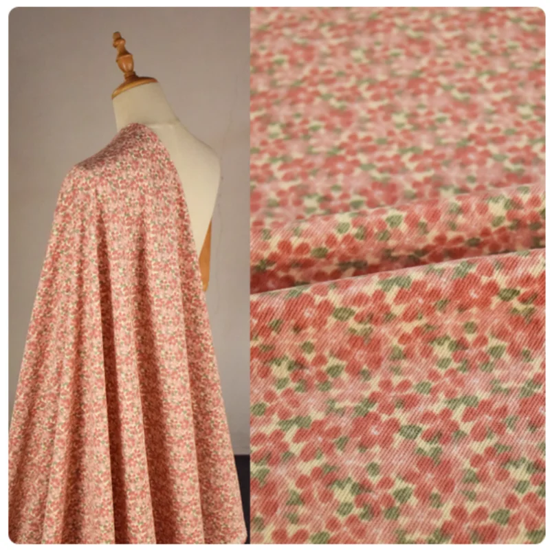 

Beauty Pink Cherry Little Flower Print Corduroy Fabric For Autumn Winter Dress Trousers Coat Face Shoe Surface Cloth, T2388