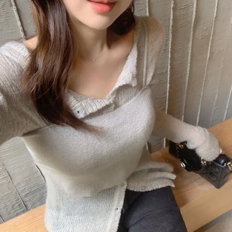 

Korea Sexy Gentle Slim Solid Color Camisole + Knitted Cardigan Two-Piece Set Top For Women Tshirt Tees Fashion Top 5S22