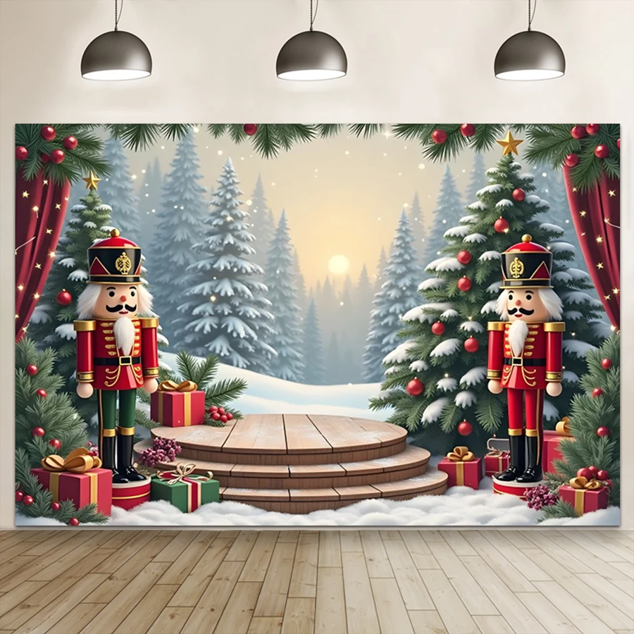 겨울 크리스마스 호두까기 인형 사진 배경 크리스마스 트리 눈 덮인 풍경 어린이 성인 초상화 배경 사진 스튜디오 소품