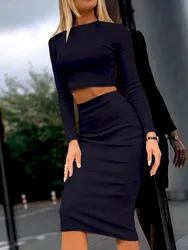 Sexy Lady Short Tops Slim Skirts Matching Set Women Bodycon Midi Skirts Solid Suit Long Sleeve Mid Waist Skirt Two Piece Set New