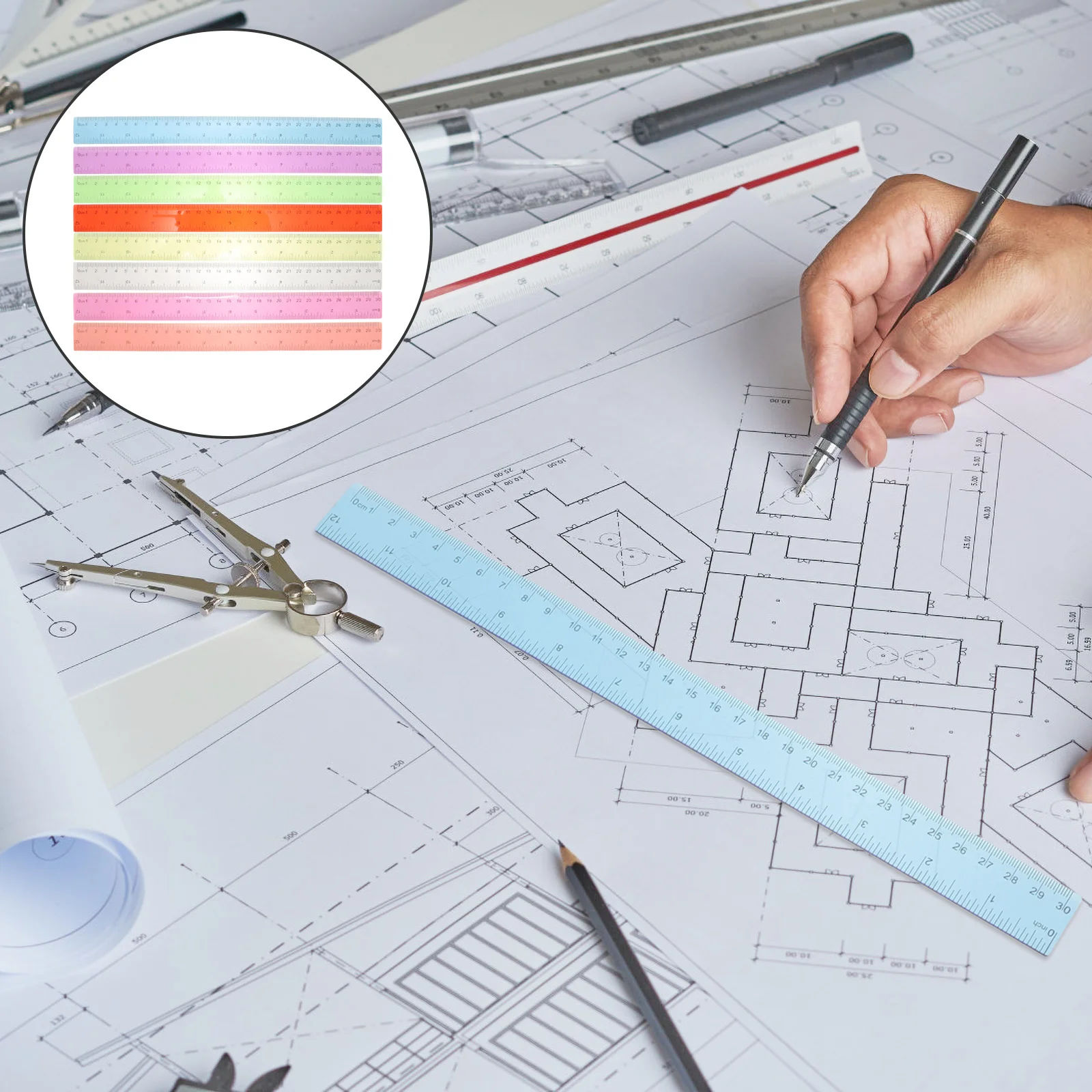 8Pcs Colorful Plastic Rulers 12 Inches Measuring Drawing School Office Supplies Durable Portable Measuring Ruler