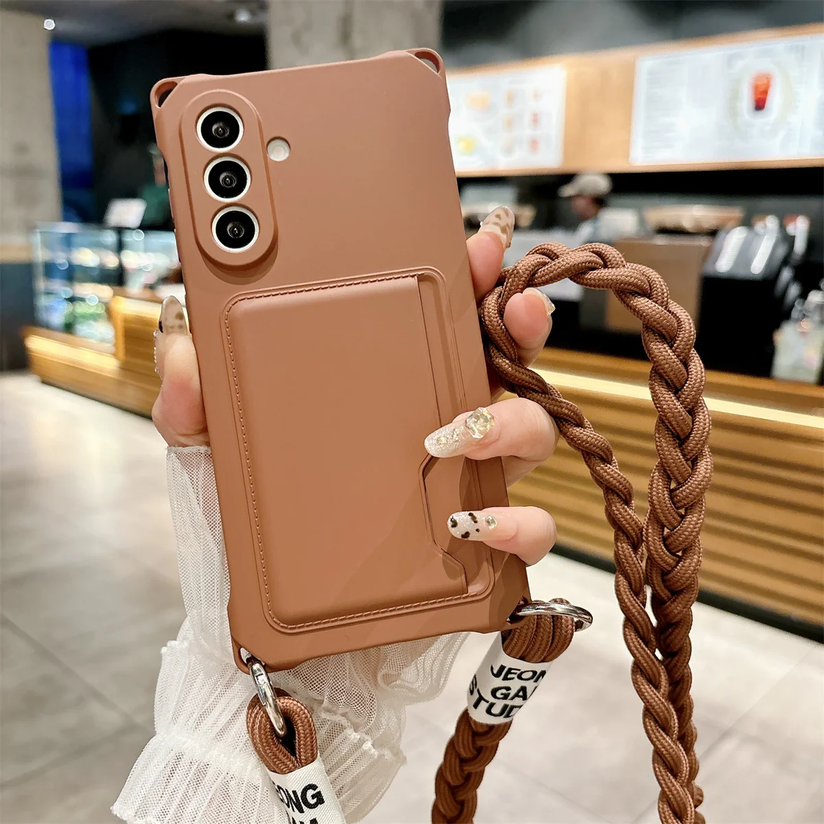 Etui na telefon Samsung Galaxy S25 S24 S23 S22 Ultra Plus z plecioną smyczą crossbody, portfel na karty, silikonowe etui