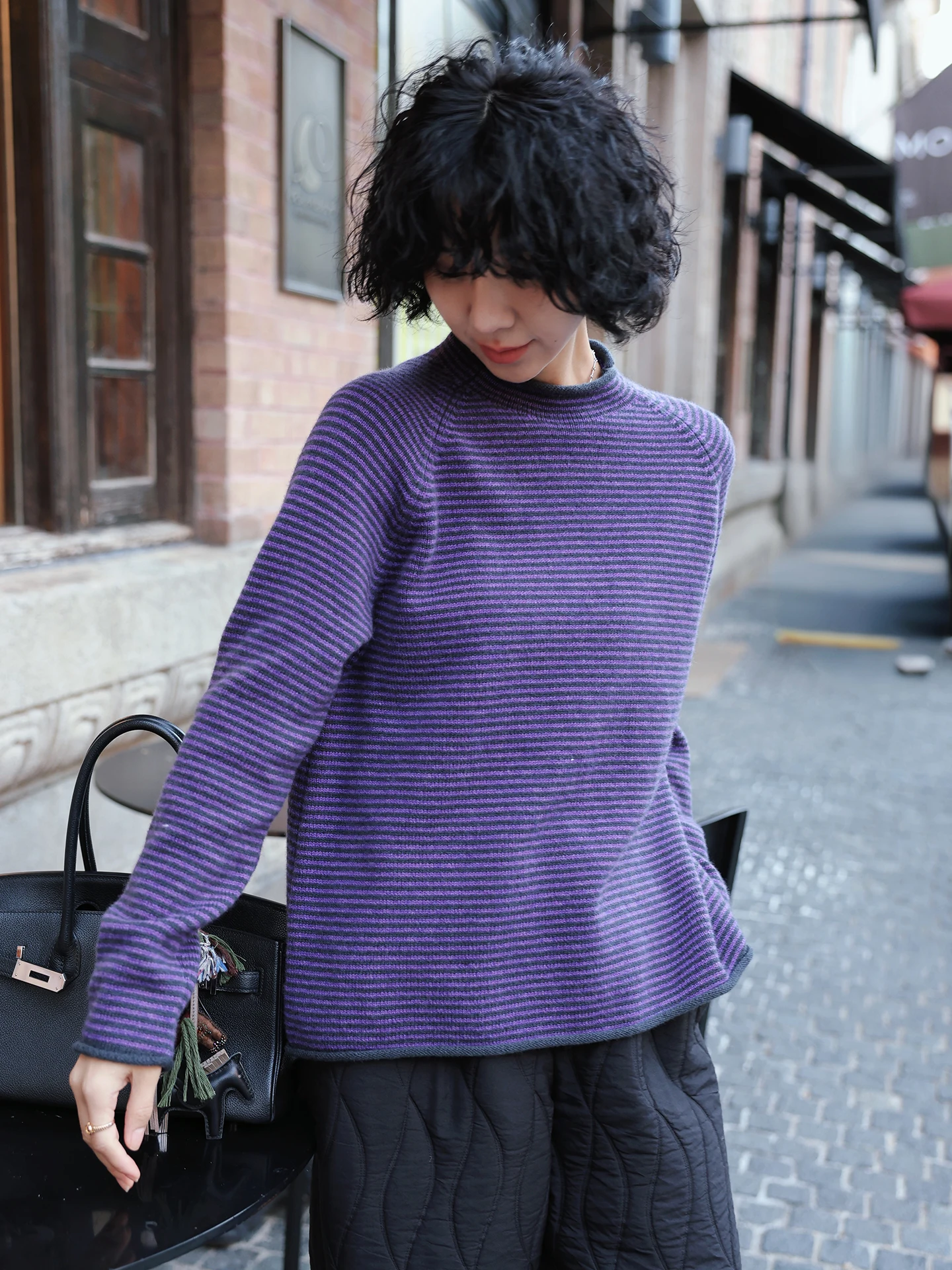 

Вязаный свитер из чистой шерсти с фиолетовыми полосками, длинный рукав, круглый вырез, базовый слой, весна-осень, женская мода