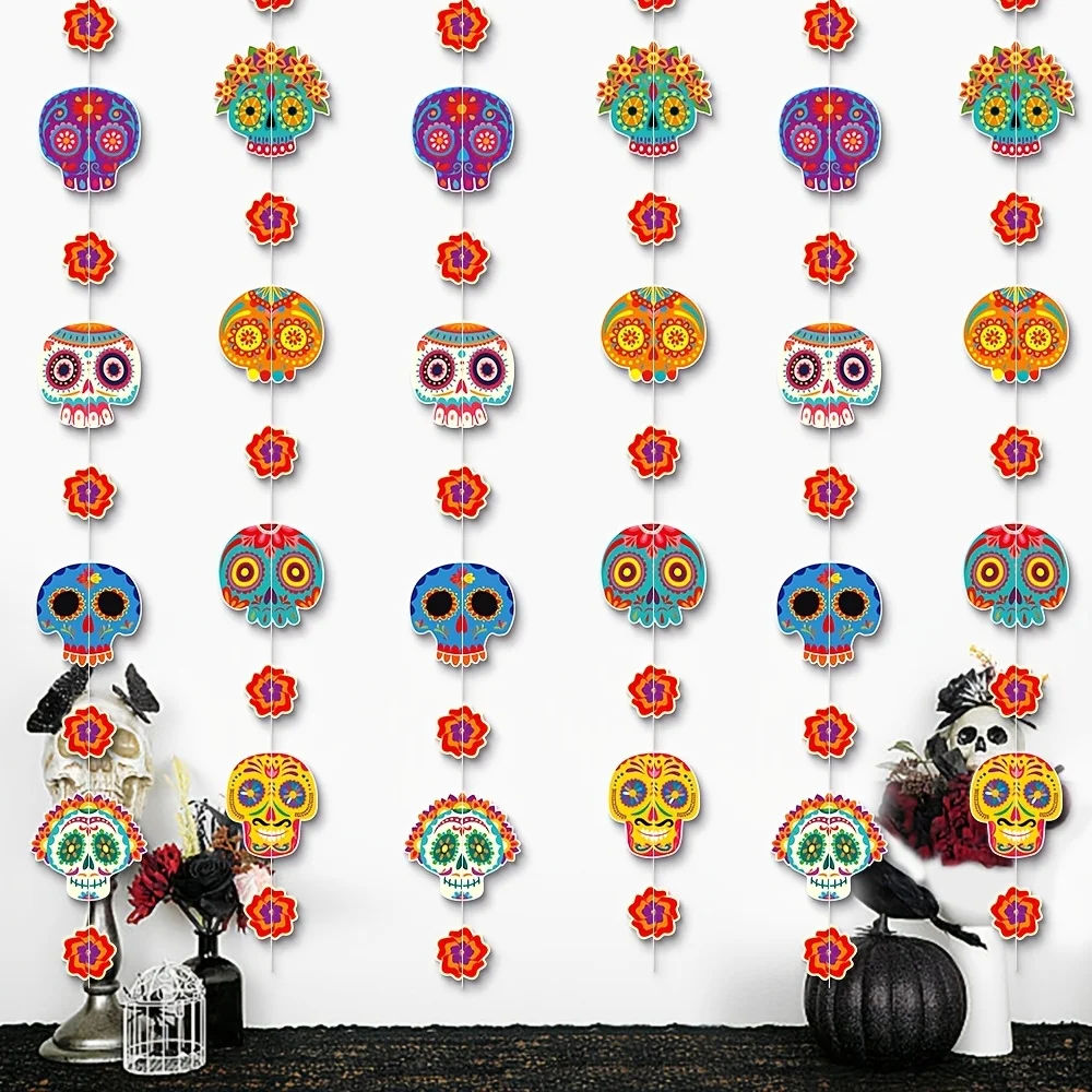 Día de los Muertos Dekorationen, Mexikanische Totenkopf-Hängeornamente, Totenkopf-Girlande Banner für Fiesta-Party-Zubehör – Detail 1