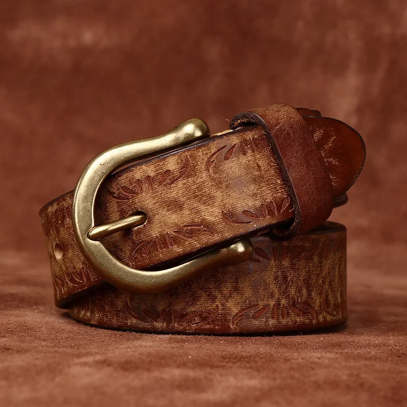 3.8CM For Men High Quality Cow Genuine Leather Belt Thickened carving Designer Belts Male Retro Brass Buckle Strap Cowboy Jeans