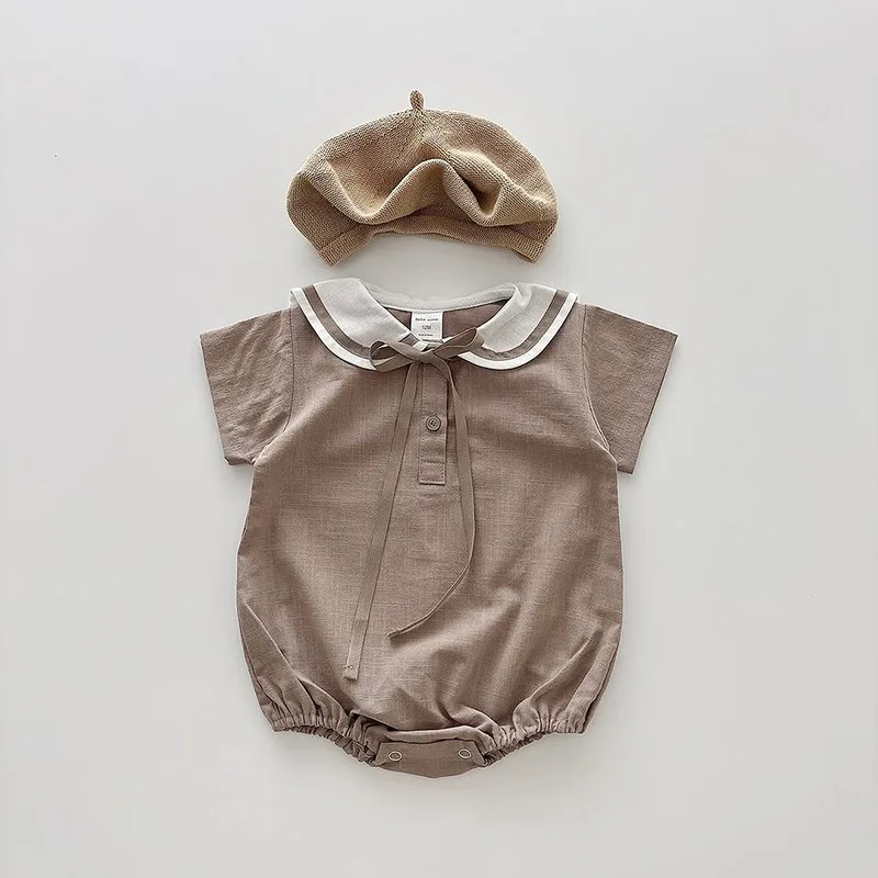 2026 Summer New Baby Short Sleeve Bodysuit Cotton Infant Girl Preppy Style Sailor Collar Jumpsuit Solid Newborn Clothes 0-24M