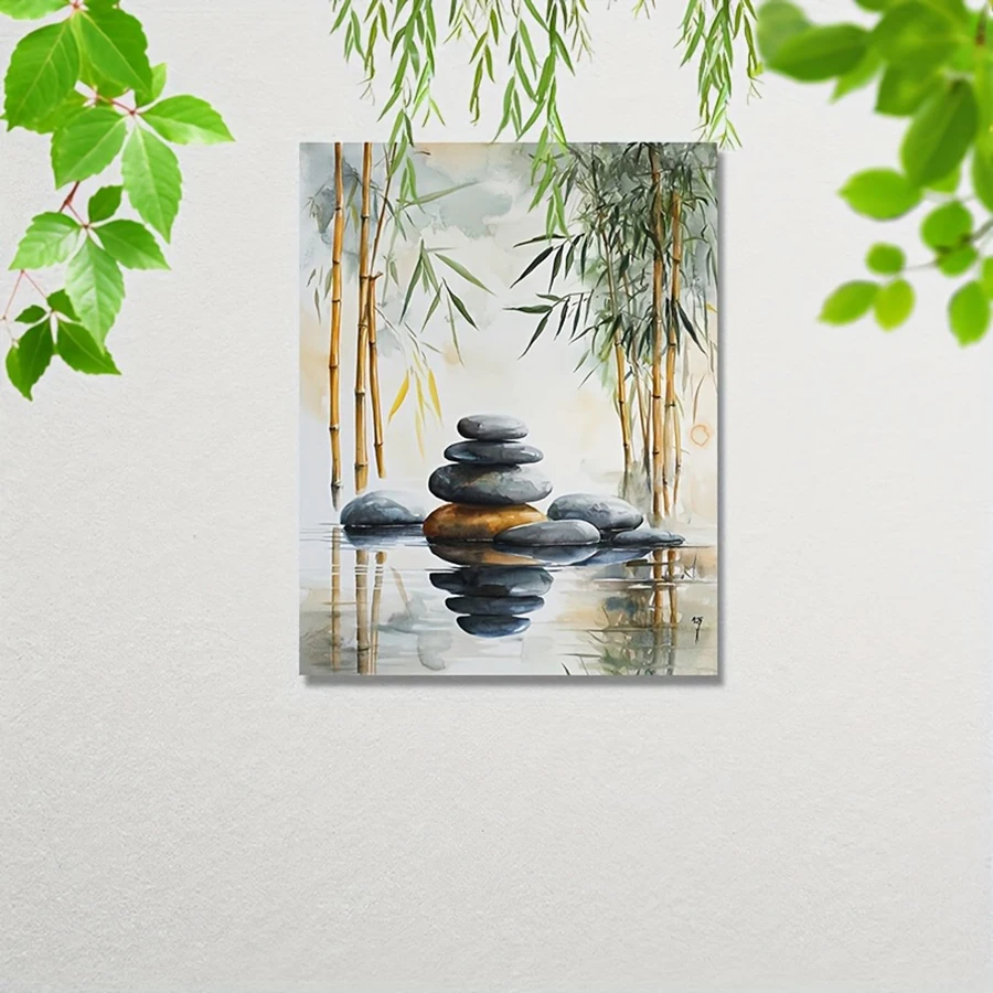 Tranquility Canvas Art Print Posters- Stacked Stones and Bamboo  Tranquil Wall arts Decor for Modern Living Room, Office, Studi
