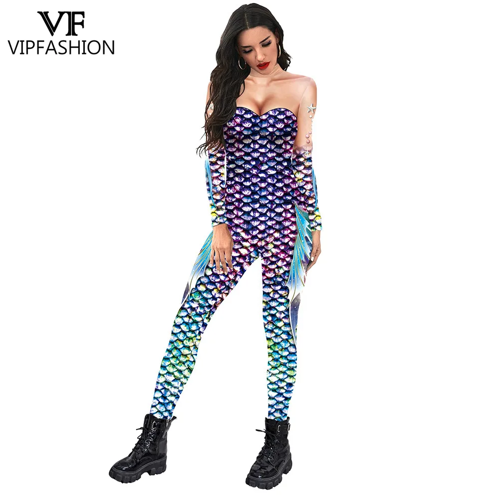 

VIP FASHION Women's Mermaid Scale Print Jumpsuit Colorful Cosplay Sheer Sleeve Pattern Bodysuit Hallloween Carnival Zentai Suit
