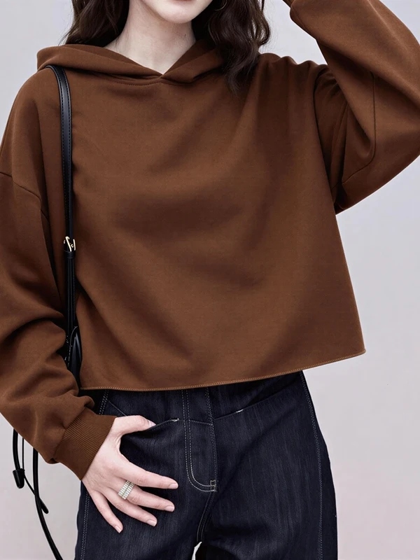

American Style Coffee Hoodie Women's Spring New Large Size Loose Slimming Short Trendy Top Ladies Casual Long Sleeve Hooded S...