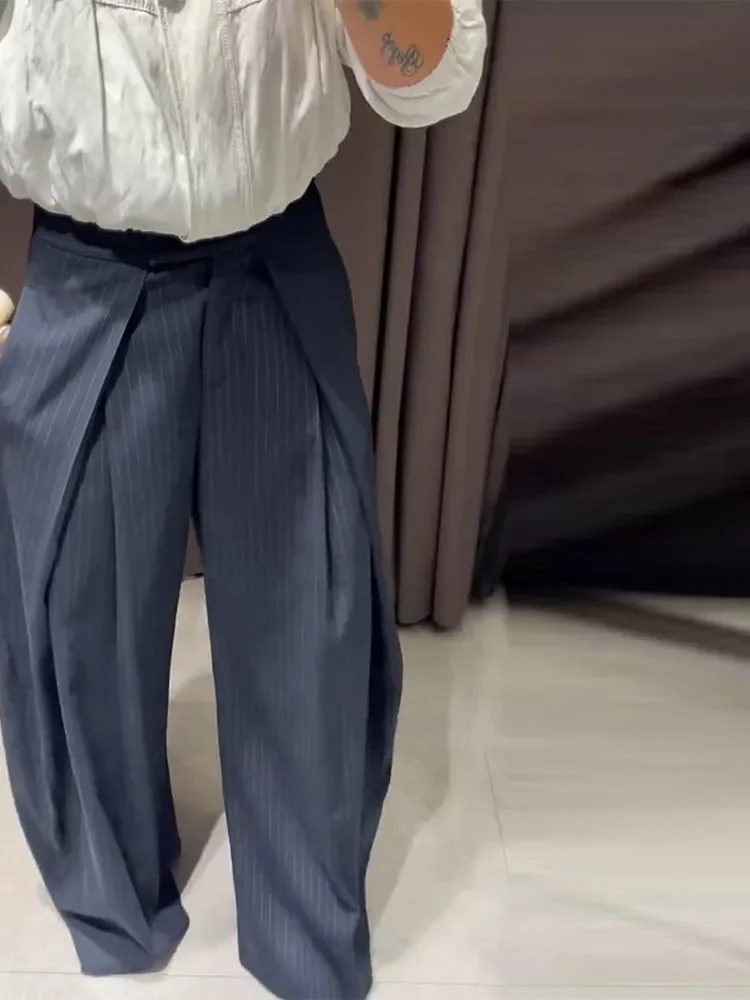 กางเกงขายาวเอวสูงทรงหลวม แฟชั่นฤดูใบไม้ร่วงฤดูหนาว 2025 กางเกงลำลองสไตล์ชิคสำหรับผู้หญิง ลายทางแบบไม่สมมาตร