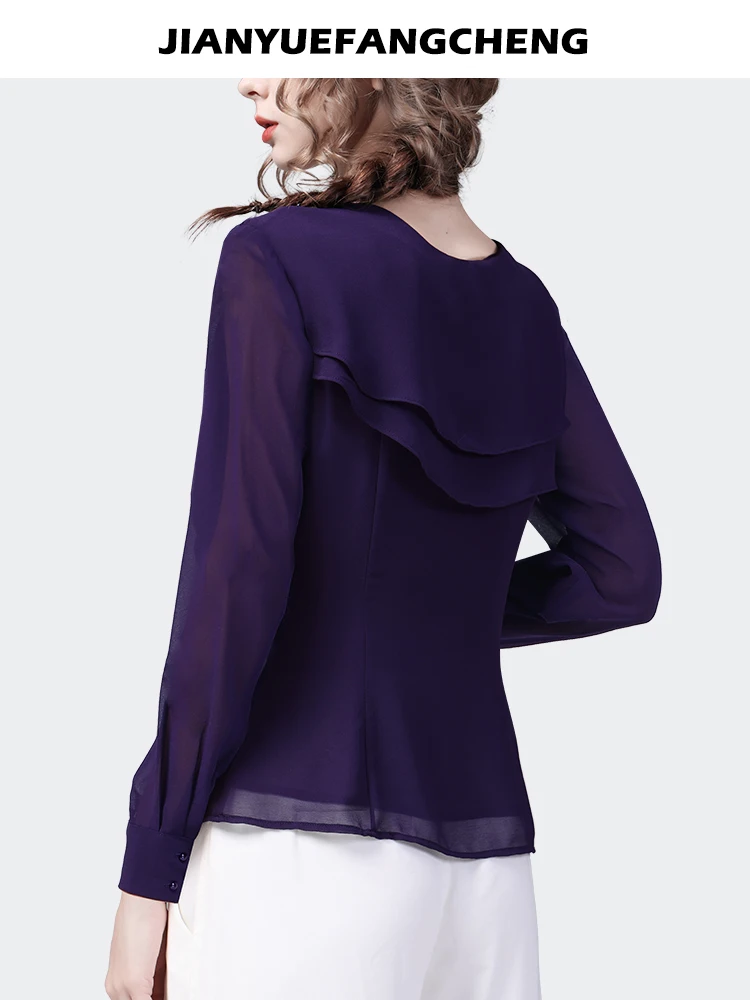 Fashion Sailor Collar Purple Chiffon Blouse Women Spring Summer Long Sleeve V-Neck Tops Loose-fitting Casual Ruffles Shirts