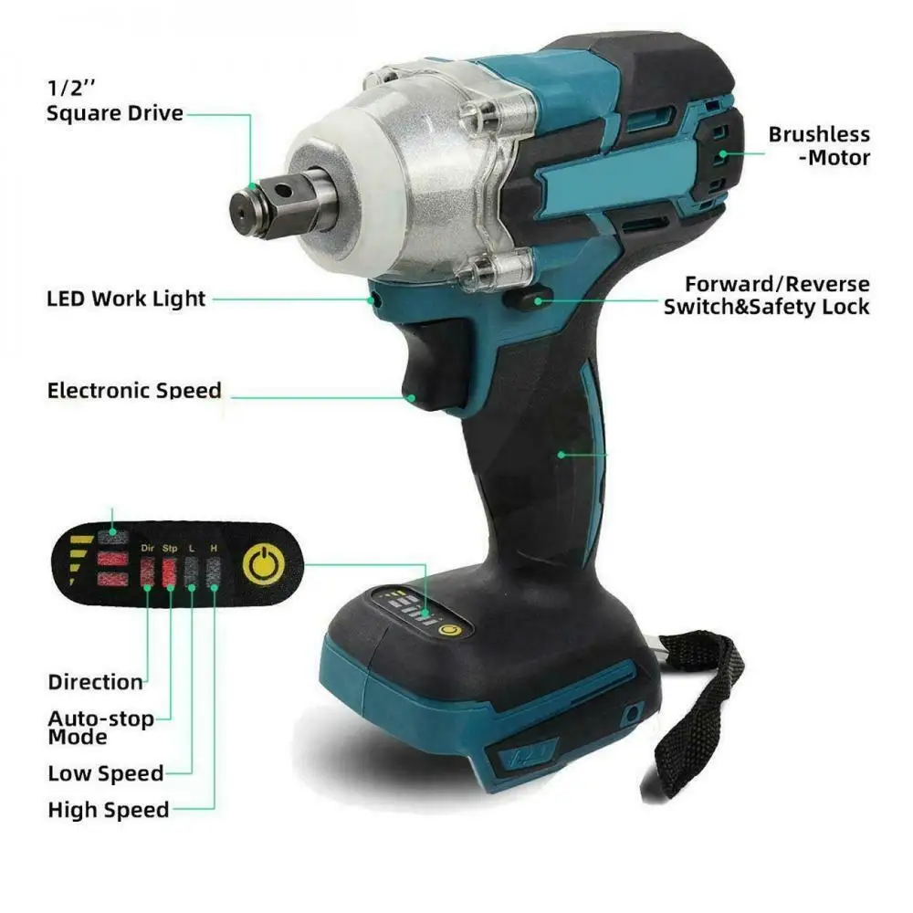 18V 520Nm Brushless Cordless Electric Impact Wrench Rechargeable 1/2 inch Wrench Power Tools Compatible for Makita 18V Battery