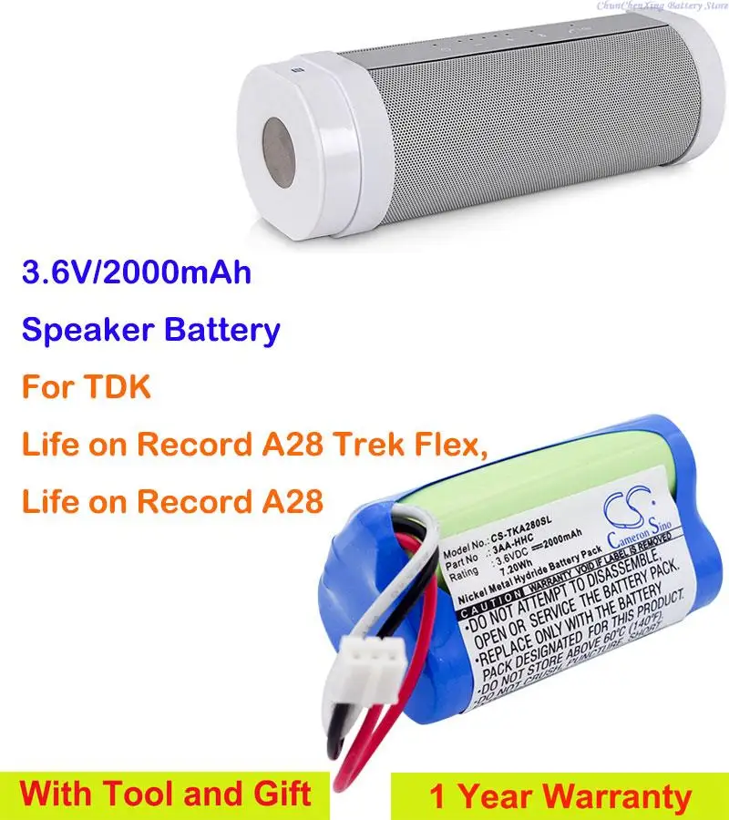 Cameron Sino  3.6V 2000mAh Speaker Battery 3AA-HHC for TDK Life on Record A28, Life on Record A28 Trek Flex +Tool