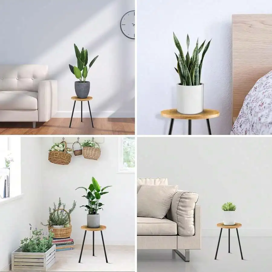 Mid Century Wood Plant Stand Plant Table For Flower Pots, Tall Metal Plant Holder, Modern Home Decor Small Round Side End Table
