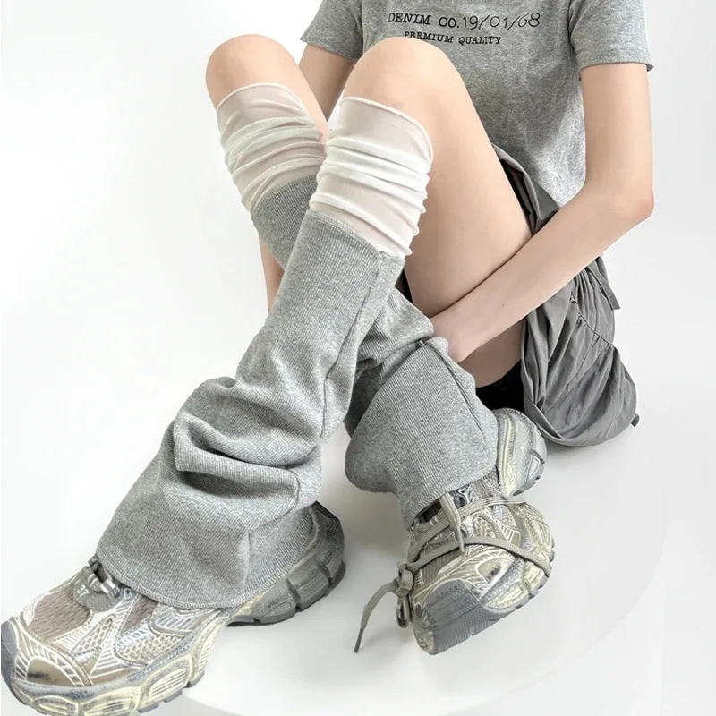 Mesh Panel Flared Leg Warmers for Women Y2K Streetwear Subculture Style Nylon Breathable Extra Long Slouchy Boot Socks Accessory