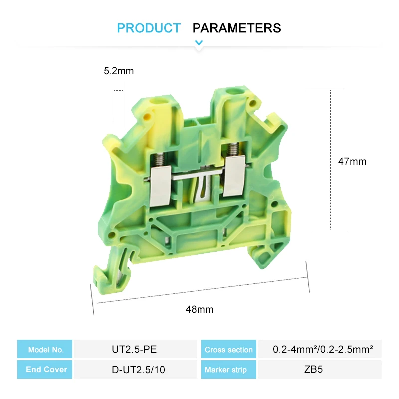 UT 2.5-PE Hexagon Socket Screw Terminal Block Din Rail Installation Copper Wire Connector Self-locking 2.5mm² 26-12AWG UT2.5-PE