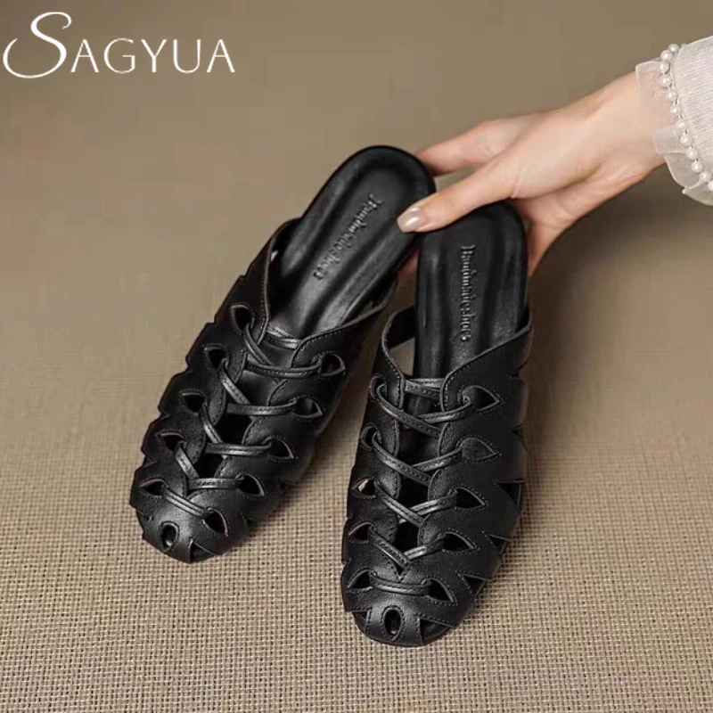 

Women Mules Shoes Fashion Flats Slippers Summer New Sandals 2025 Designer Woman Slingback Hollow Shoes Brand Sandalias De Mujer