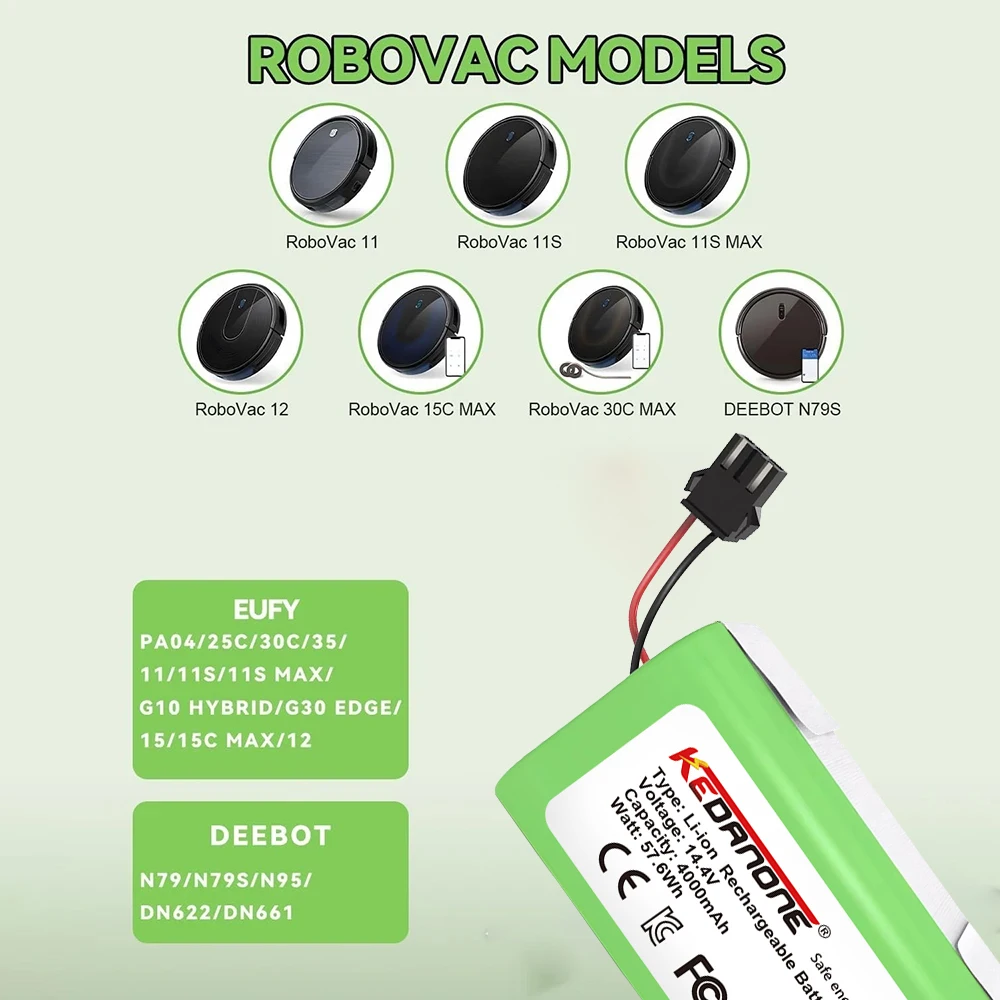 Batteria agli ioni di litio da 14,8 V 4000 mAh compatibile con 14,4 V per Eufy RoboVac 11 11S 15C 15T 12 30 35C Conga 990 1090 1190 Deebot N79 DN622