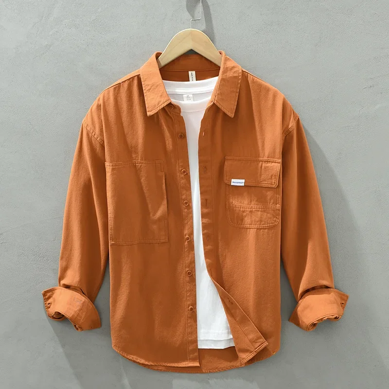 Cargo Shirt Men Spring Autumn Double Pocket Long Sleeve Shirts Male Causal Pure Cotton Orange Shirt Japanese Fashion Loose Shirt