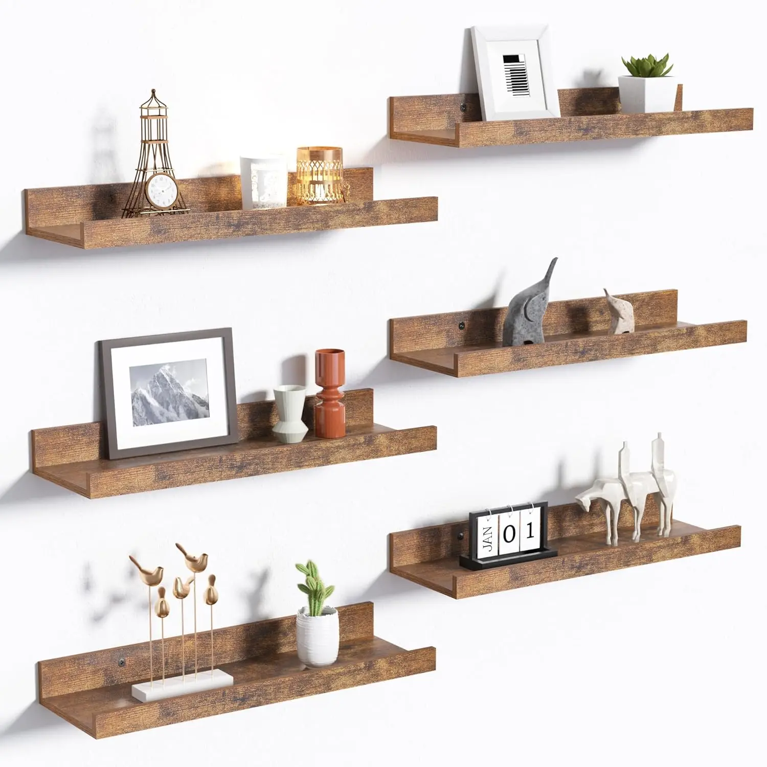 Floating Wall Shelves Set of 6 -Wood Wall-Mounted Picture Ledge for Decor/Storage, Fits Bedroom, Living Room, Bathroom, Kitchen