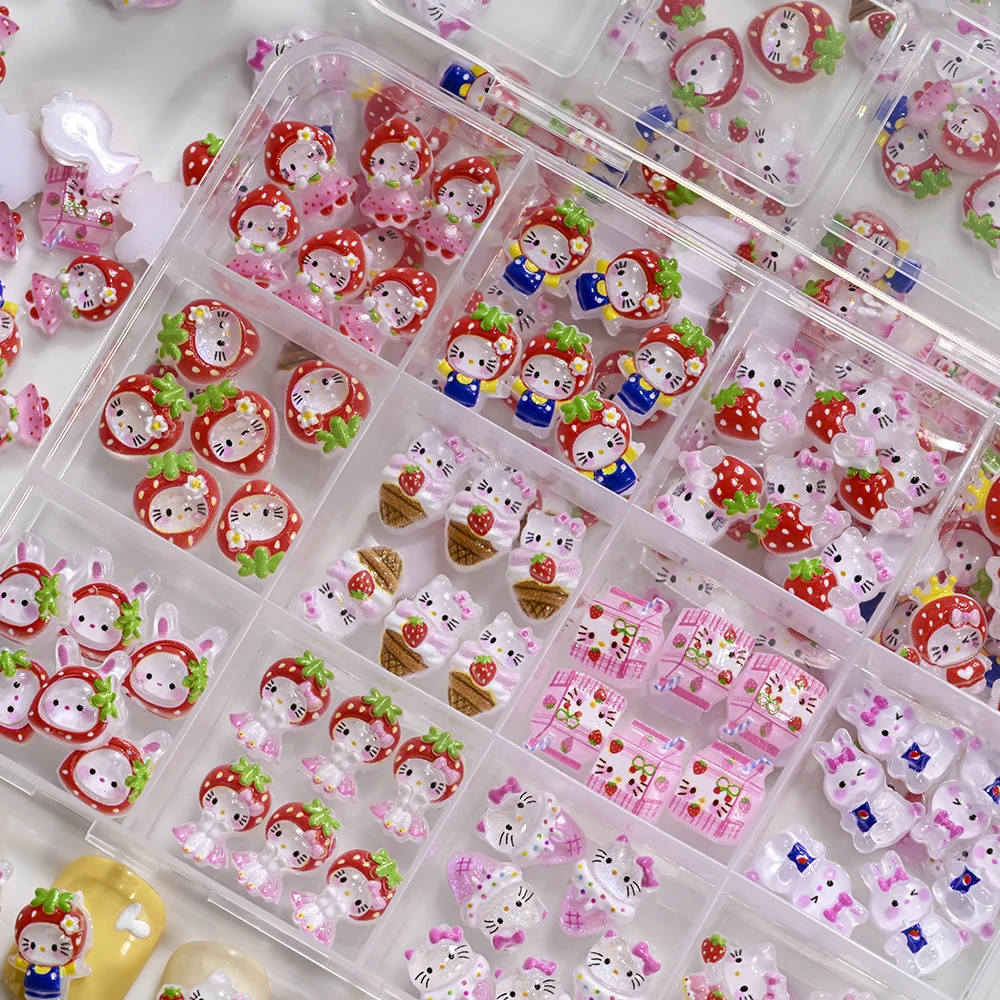 12 Siatek 3D Mieszane Truskawki Hello Kitty Ozdoby do Paznokci Kreskówka Czerwono-Różowa Sukienka Kitty Żywica Cyrkonie Kawaii DIY Dekoracja Paznokci