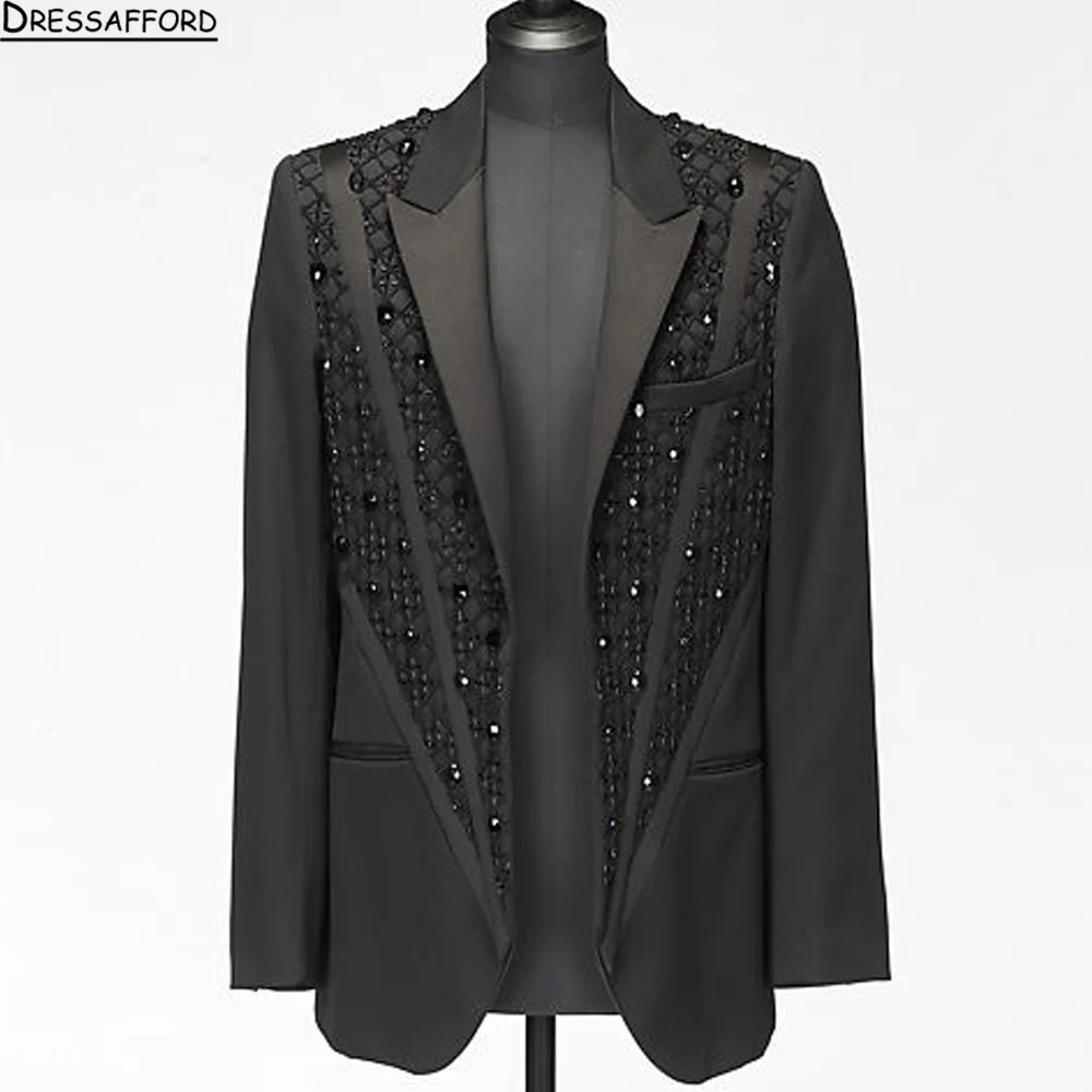 Sparkly Metal Rhinestone Crystals Men Suits 2 Pieces Groom Tuxedos Wedding Male Party Blazer Customized Peaked Lapel Ropa Hombre
