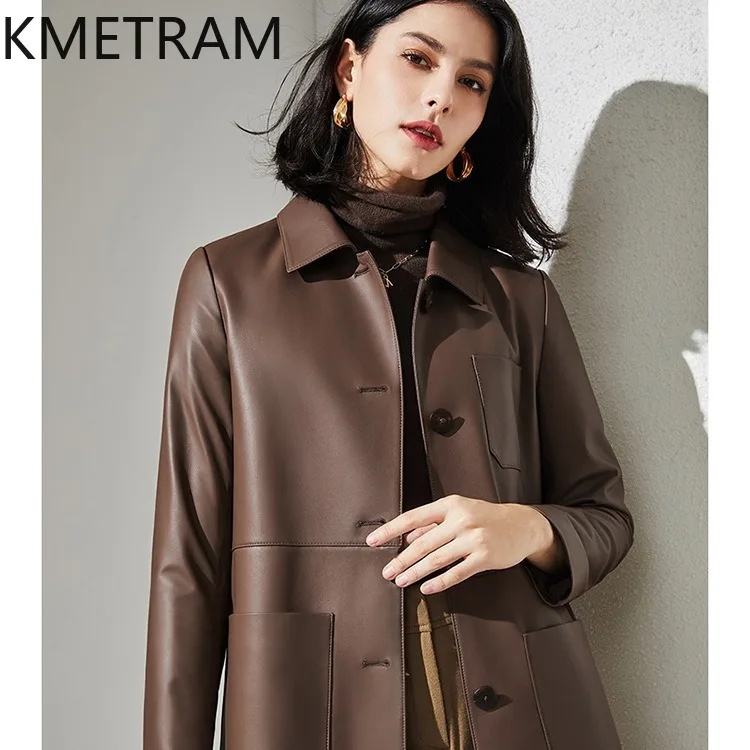 정품 가죽 자켓 여성 100% 양피 느슨한 자켓 여성 럭셔리 중간 길이 가죽 트렌치 코트 가을 옷 2025 дубленка