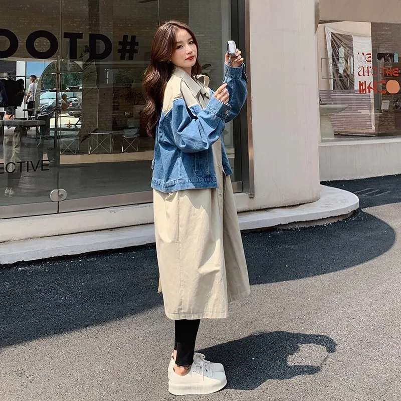 Denim Stitching Trench Coat For Women 2023 Spring New Lapel Double Breasted Loose Fashion Long Windbreaker