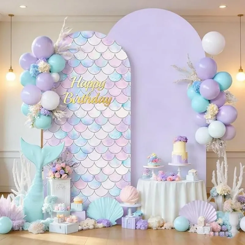 VIKAMA Meerjungfrauenschuppen-Bogen-Hintergrundset, Lila & Blau Themen-Set für Kindergeburtstagsfeiern & Fotografie-Requisiten