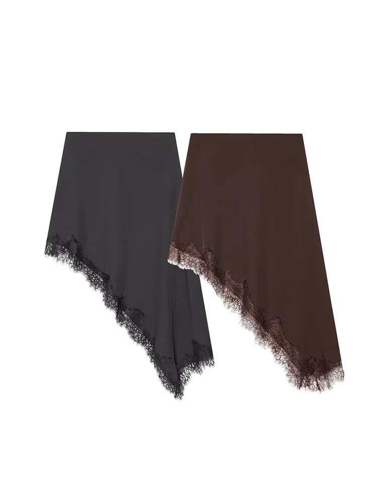 New European-style women's fashion skirt: stylish, versatile, elegant, simple, solid color, asymmetrical lace design.