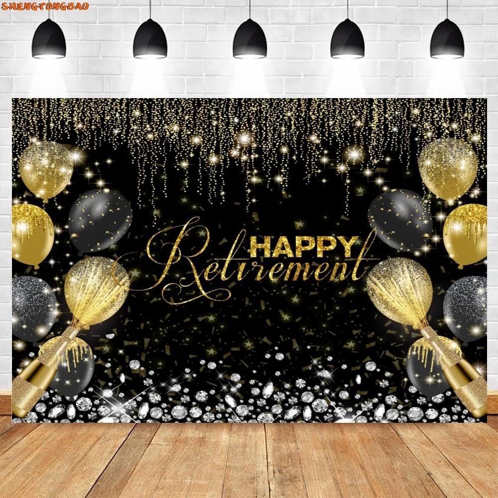 Happy Retirement Party Decoration Backdrop Gold Glitter Balloon Cheers Family Congratulation Photography Background Photo Studio
