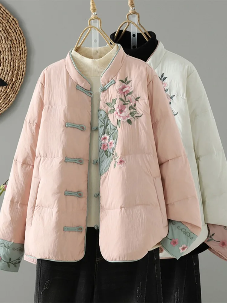 

Китайское хлопковое пуховое пальто с вышивкой, легкое теплое женское зимнее пальто с воротником-стойкой, тонкое хлопковое стеганое пальто