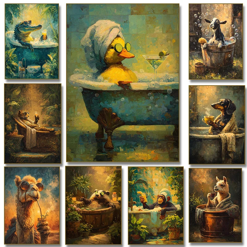 1pc frameless canvas Duck Alligator in Bathtub with Cocktail Camel Llama Leopard Poster Print  Bathroom Decor Cuadros