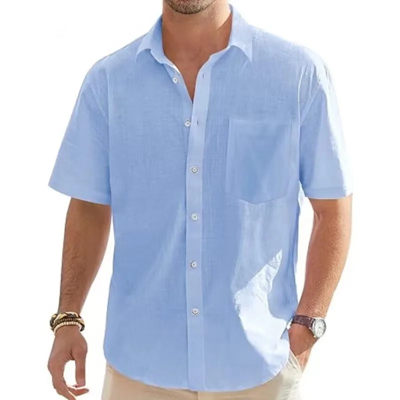 

2025 Men's Summer Cotton and Linen Short Sleeve Cardigan Casual Button Beach Loose Shirt