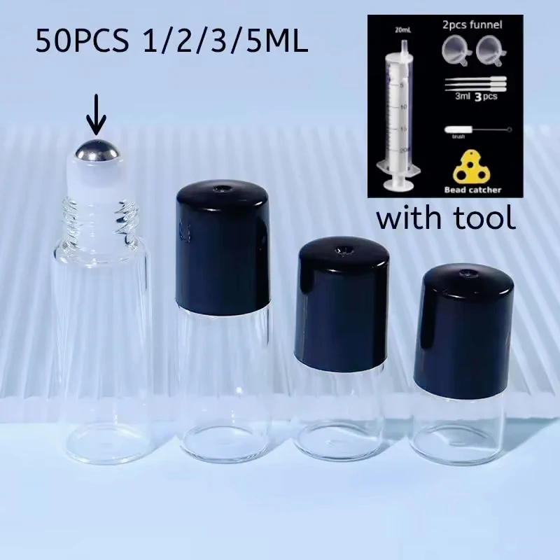 エッセンシャルオイル用ミニガラス瓶,香水瓶,ステンレス鋼ロールオンボール化粧品容器,1 ml, 2 ml, 3 ml, 5ml, 50個
