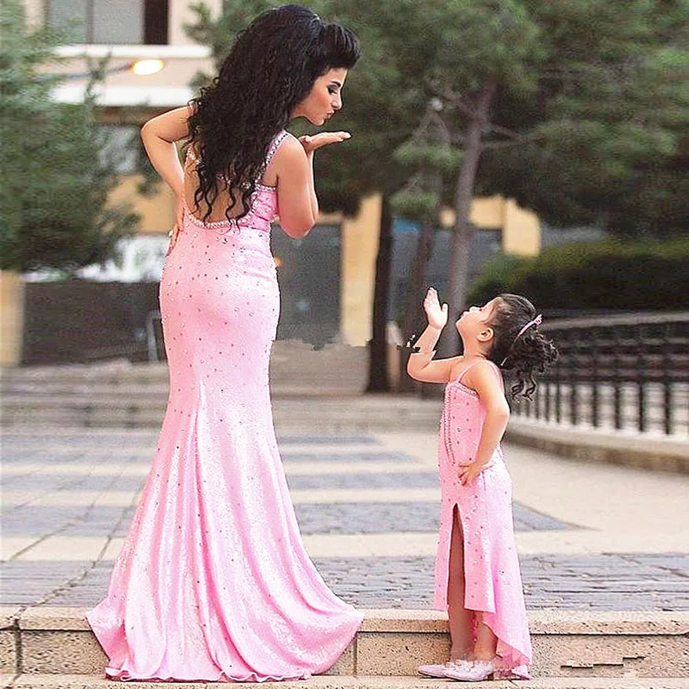 Vestido de princesa rosa de flores para niña, vestido de fiesta de noche con cuentas de sirena, tirantes finos, tren de barrido, Espalda descubierta, 2020