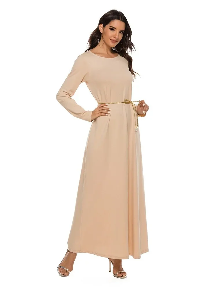 2025 New Hot Sale Islamic Women's Muslim Abaya Basic Style Solid Color A- Line Long Sleeve Dress with Belt Casual for Party