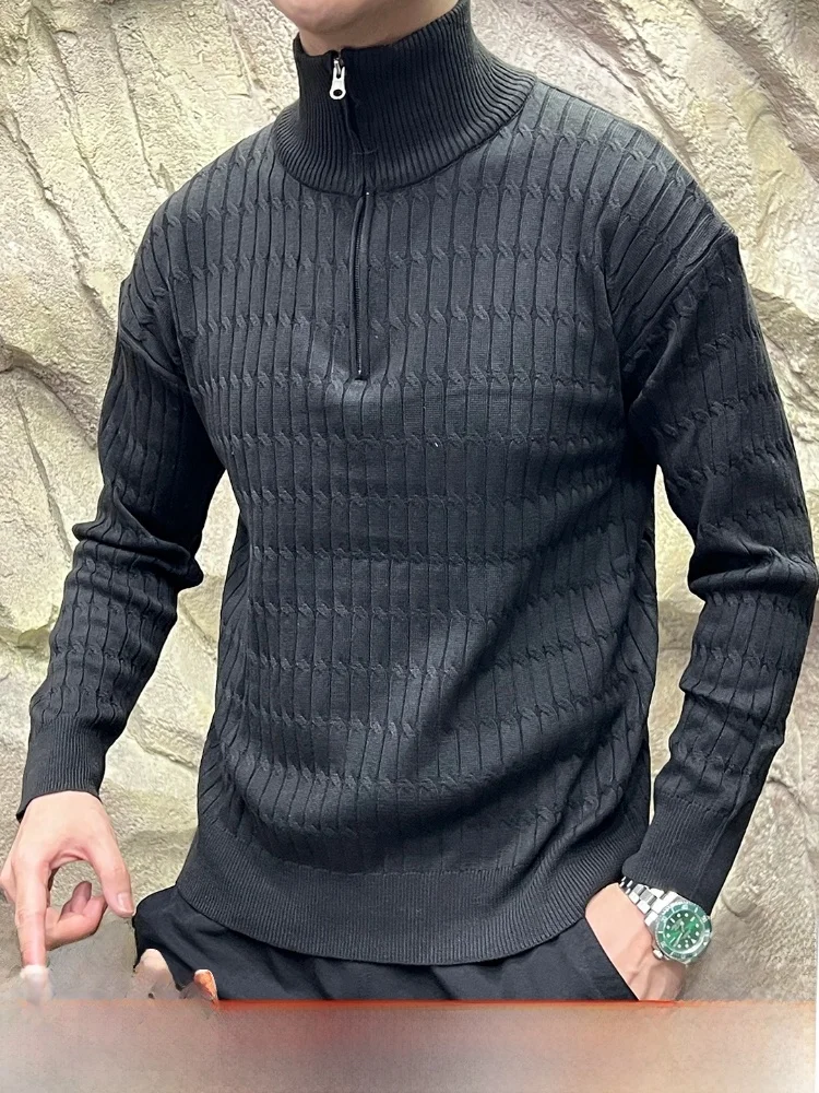 

Men's High Ne Zipper Knitted Sweater Long Sve Lazy Sle Polyester Fiber Warmth Comfortable f High Collar Texture Design