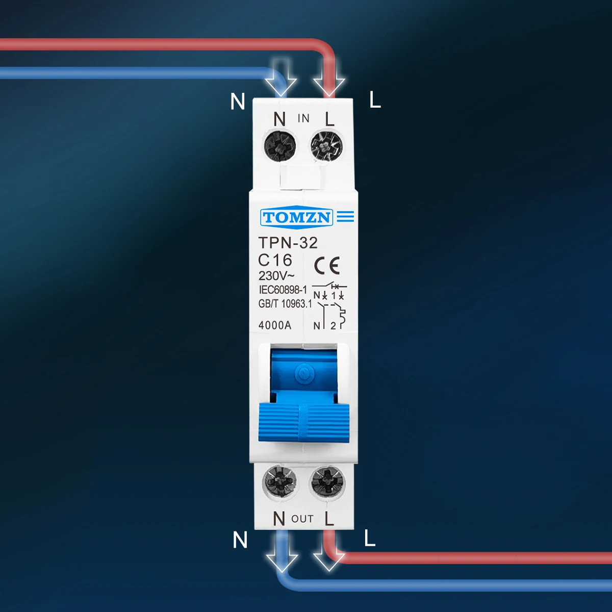TOMZN TPN 1P+N Mini Circuit Breaker MCB 10A 16A 20A 25A 32A 230V AC DIN Rail