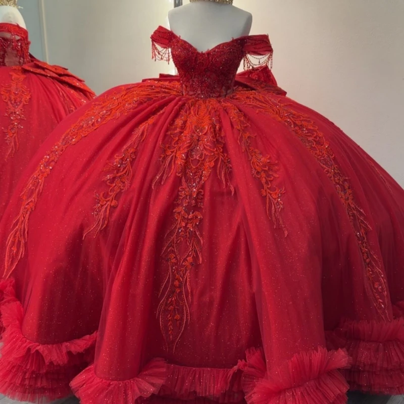 

Red Shiny Quinceanera Dresses Off The Shoulder Applique Lace Beading Crystal Bow Tull Party Birthday Sweet 16 Dress Vestidos 15