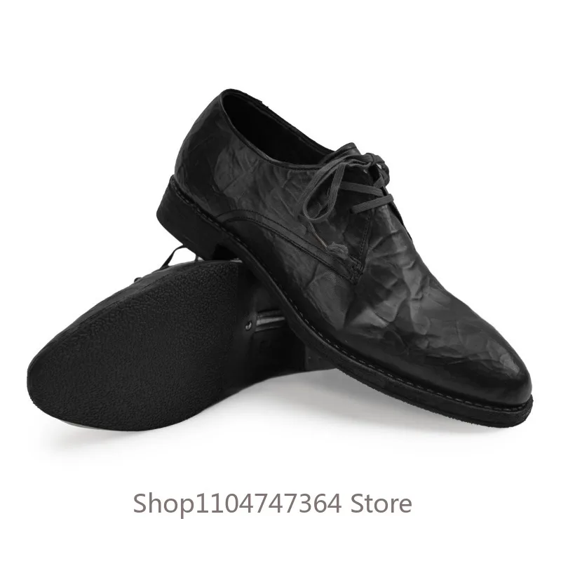 Designer Genuine Leather Horseskin Casual Derby Shoes Men's Pointed Toe Height Increase Lace Up Youth Trend Dress Shoes Male