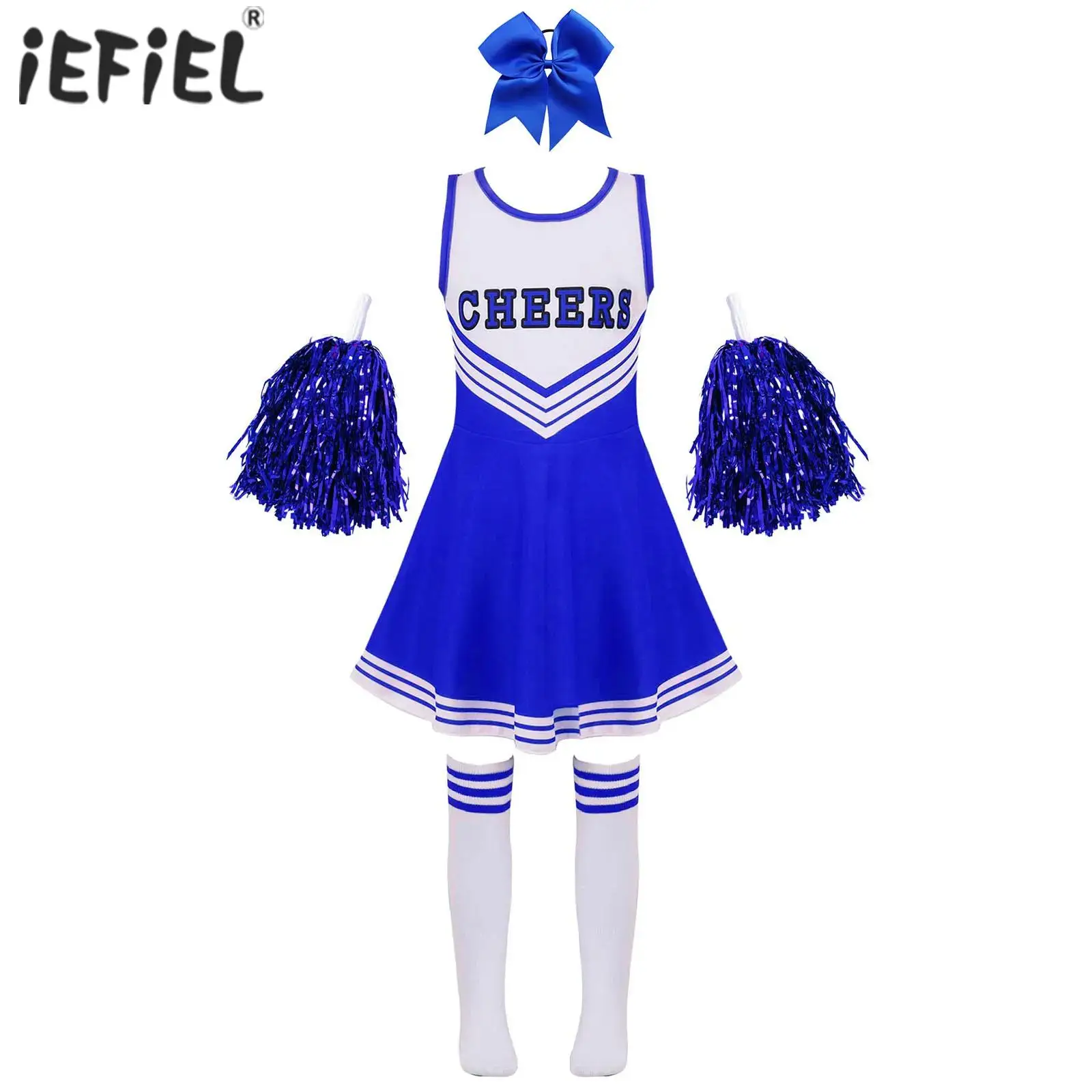 

Kid Girls Cheer Leader Cheerleading Costume Schoolgirl Uniform Carnival Party Halloween Cheer Up Dress with Bowknot Headwe Socks